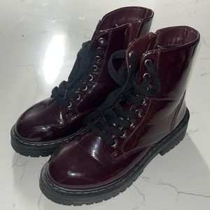 Womens Wine Patent  Combat Ankle Boots Lace Up Zip Chunky heel Casual Boots